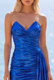 Royal Blue Metallic Ruched Strapless Short Homecoming Dress with Side Cascade