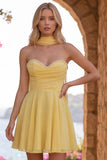 Yellow A-Line Pearl Trim Strapless Chiffon Short Homecoming Dress with Scarf