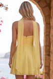 Yellow A-Line Pearl Trim Strapless Chiffon Short Homecoming Dress with Scarf