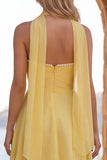 Yellow A-Line Pearl Trim Strapless Chiffon Short Homecoming Dress with Scarf