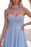 Yellow A-Line Pearl Trim Strapless Chiffon Short Homecoming Dress with Scarf