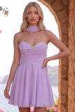 Yellow A-Line Pearl Trim Strapless Chiffon Short Homecoming Dress with Scarf