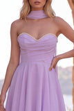 Yellow A-Line Pearl Trim Strapless Chiffon Short Homecoming Dress with Scarf