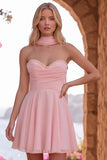 Yellow A-Line Pearl Trim Strapless Chiffon Short Homecoming Dress with Scarf