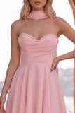 Yellow A-Line Pearl Trim Strapless Chiffon Short Homecoming Dress with Scarf