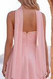 Yellow A-Line Pearl Trim Strapless Chiffon Short Homecoming Dress with Scarf