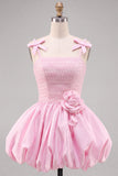 Pink A-Line Pearl 3D Flower Ruffle Hem Short Homecoming Dress with Bow