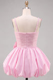 Pink A-Line Pearl 3D Flower Ruffle Hem Short Homecoming Dress with Bow
