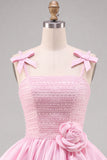 Pink A-Line Pearl 3D Flower Ruffle Hem Short Homecoming Dress with Bow