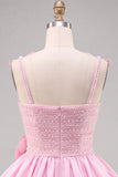 Pink A-Line Pearl 3D Flower Ruffle Hem Short Homecoming Dress with Bow