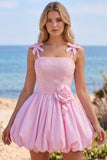 Pink A-Line Pearl 3D Flower Ruffle Hem Short Homecoming Dress with Bow