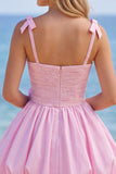Pink A-Line Pearl 3D Flower Ruffle Hem Short Homecoming Dress with Bow