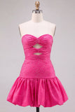 Fuchsia Strapless Cut Out A-Line Beaded Short Homecoming Dress with Ruffle Hem