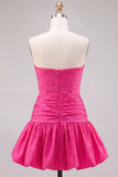 Fuchsia Strapless Cut Out A-Line Beaded Short Homecoming Dress with Ruffle Hem
