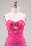 Fuchsia Strapless Cut Out A-Line Beaded Short Homecoming Dress with Ruffle Hem