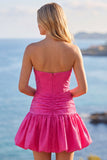 Fuchsia Strapless Cut Out A-Line Beaded Short Homecoming Dress with Ruffle Hem