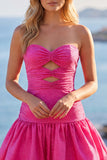 Fuchsia Strapless Cut Out A-Line Beaded Short Homecoming Dress with Ruffle Hem