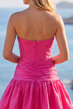 Fuchsia Strapless Cut Out A-Line Beaded Short Homecoming Dress with Ruffle Hem