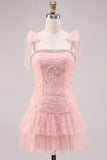 Pink Pearl Tulle Tiered A-Line Beaded Short Homecoming Dress with Ruffles