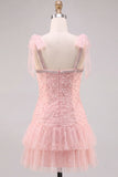 Pink Pearl Tulle Tiered A-Line Beaded Short Homecoming Dress with Ruffles