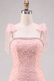 Pink Pearl Tulle Tiered A-Line Beaded Short Homecoming Dress with Ruffles