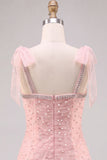 Pink Pearl Tulle Tiered A-Line Beaded Short Homecoming Dress with Ruffles