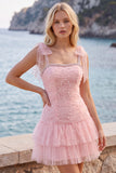 Pink Pearl Tulle Tiered A-Line Beaded Short Homecoming Dress with Ruffles
