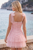 Pink Pearl Tulle Tiered A-Line Beaded Short Homecoming Dress with Ruffles
