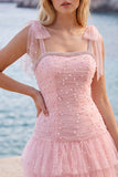Pink Pearl Tulle Tiered A-Line Beaded Short Homecoming Dress with Ruffles