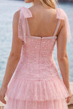 Pink Pearl Tulle Tiered A-Line Beaded Short Homecoming Dress with Ruffles