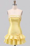 Pink Beaded Pearl Strapless A-Line Tiered Short Homecoming Dress with Ruffles