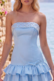 Pink Beaded Pearl Strapless A-Line Tiered Short Homecoming Dress with Ruffles