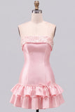 Pink Beaded Pearl Strapless A-Line Tiered Short Homecoming Dress with Ruffles