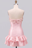 Pink Beaded Pearl Strapless A-Line Tiered Short Homecoming Dress with Ruffles