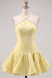 Butter Yellow Floral Jacquard Halter Short Homecoming Dress with Pearl Embellishments