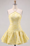 Butter Yellow Floral Jacquard Halter Short Homecoming Dress with Pearl Embellishments