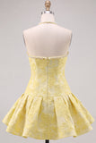 Butter Yellow Floral Jacquard Halter Short Homecoming Dress with Pearl Embellishments
