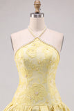 Butter Yellow Floral Jacquard Halter Short Homecoming Dress with Pearl Embellishments
