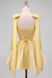 Butter Yellow A-Line Satin Pearl Trim Mini Homecoming Dress with Bow Tie Shoulder Straps