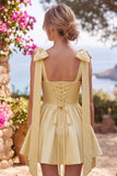 Butter Yellow A-Line Satin Pearl Trim Mini Homecoming Dress with Bow Tie Shoulder Straps