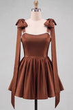 Butter Yellow A-Line Satin Pearl Trim Mini Homecoming Dress with Bow Tie Shoulder Straps
