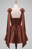 Butter Yellow A-Line Satin Pearl Trim Mini Homecoming Dress with Bow Tie Shoulder Straps