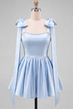 Butter Yellow A-Line Satin Pearl Trim Mini Homecoming Dress with Bow Tie Shoulder Straps