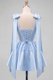 Butter Yellow A-Line Satin Pearl Trim Mini Homecoming Dress with Bow Tie Shoulder Straps