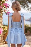 Butter Yellow A-Line Satin Pearl Trim Mini Homecoming Dress with Bow Tie Shoulder Straps