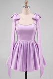 Butter Yellow A-Line Satin Pearl Trim Mini Homecoming Dress with Bow Tie Shoulder Straps