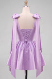 Butter Yellow A-Line Satin Pearl Trim Mini Homecoming Dress with Bow Tie Shoulder Straps