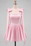 Butter Yellow A-Line Satin Pearl Trim Mini Homecoming Dress with Bow Tie Shoulder Straps