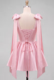 Butter Yellow A-Line Satin Pearl Trim Mini Homecoming Dress with Bow Tie Shoulder Straps