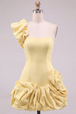 Espresso One Shoulder Ruffled Pearl Short Homecoming Dress with Ruffle Hem